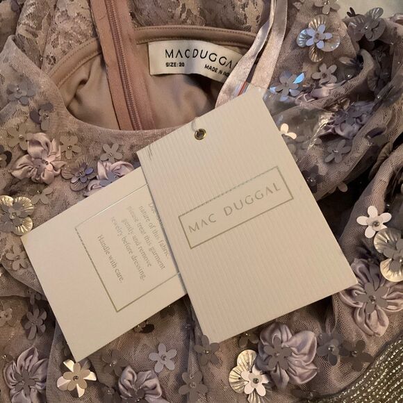 Mac Duggal Purple Floral Applique Puff Sleeve High Neck A-Line Gown Dress - Picture 15 of 15